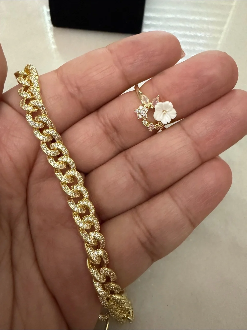 Gold Chain Bracelet with Floral Accent Ring - Women Jewelry